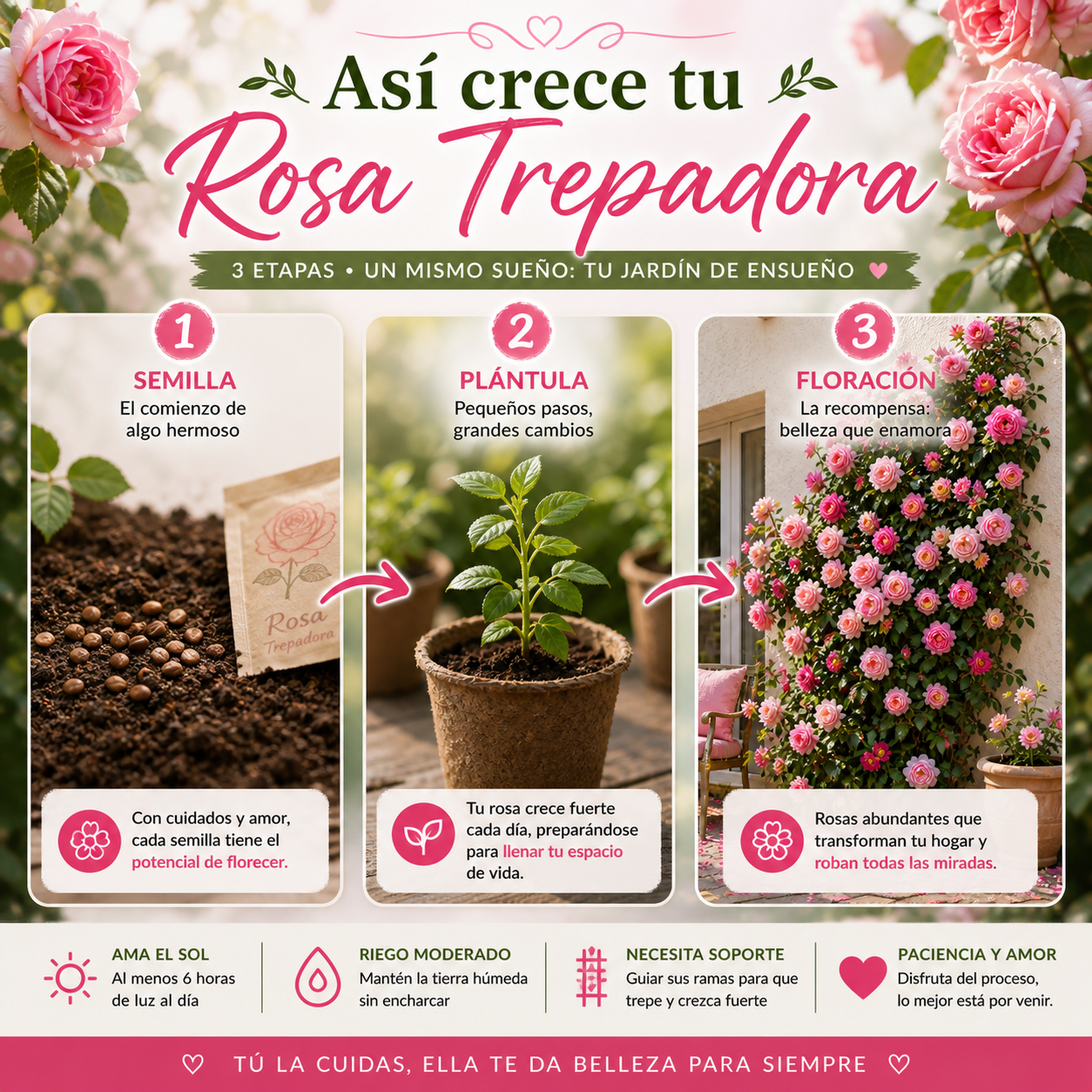 Semillas de Rosa Trepadora🌹 – Convierte cualquier espacio en un jardín lleno de flores espectaculares.
