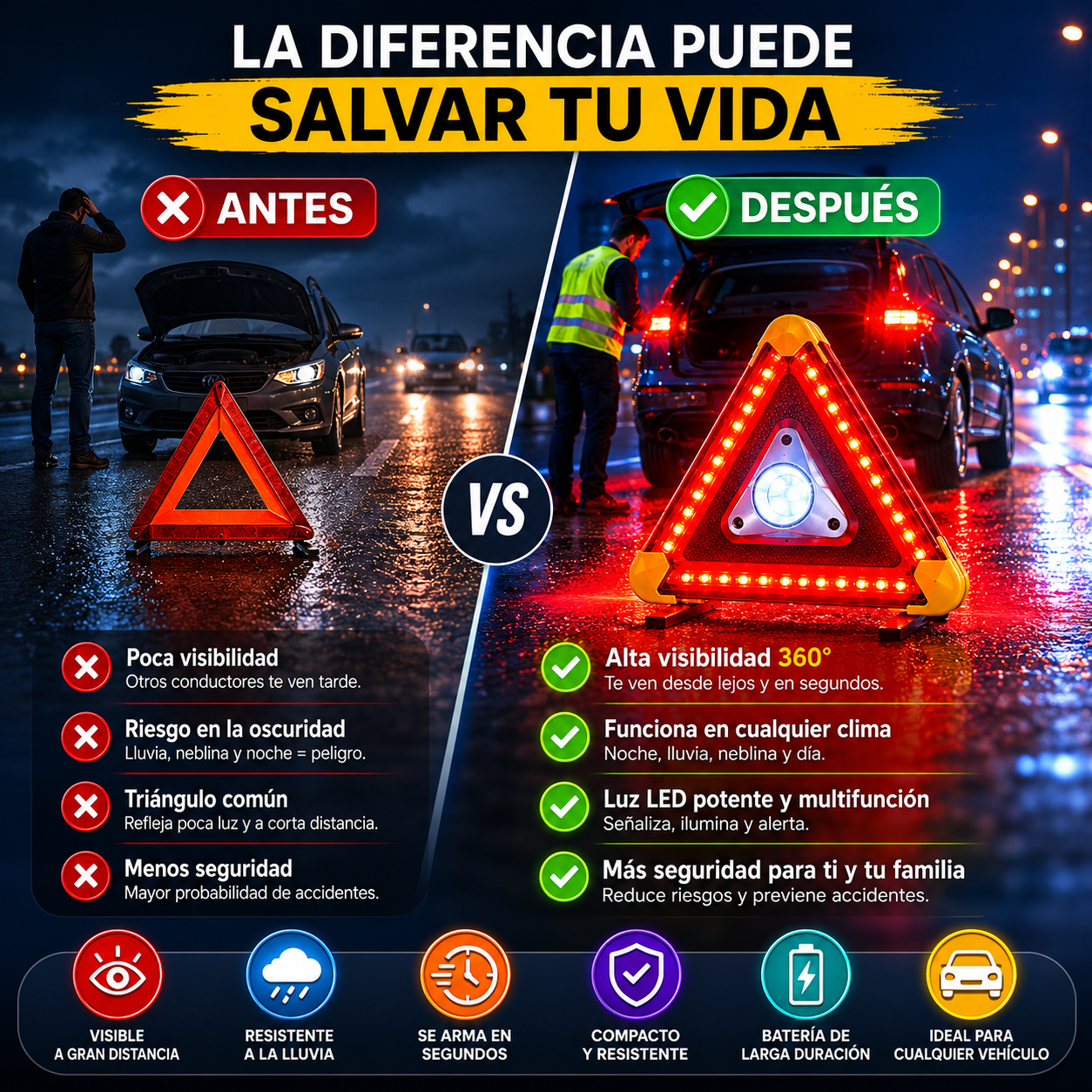 🚨 Triángulo de Seguridad LED de Alta Visibilidad