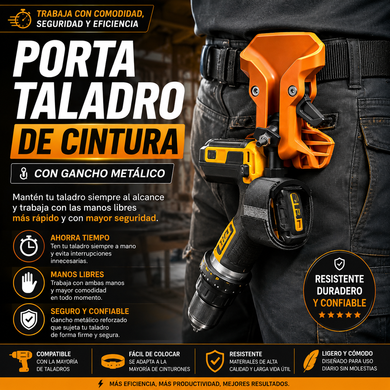 Porta Taladro de Cintura con Gancho Metálico Reforzado – Trabaja Más Rápido y con las Manos Libres 🚀